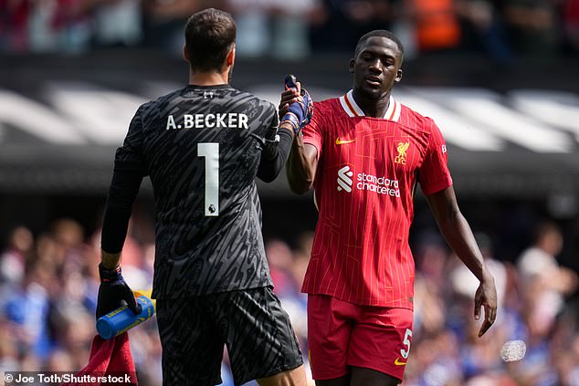 Alisson (left) and Ibrahima Konate (right) congratulated each other on Liverpool's clean sheet