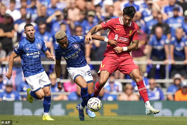 Omari Hutchinson was Ipswich's best attacker in the first half but was denied by the Reds