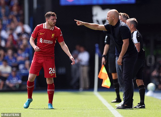 Andy Robertson had a tough first half and was beaten several times by Ipswich's Wes Burns