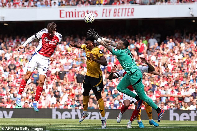 Havertz pictured (left) headed the ball firmly into the Wolves net at the Emirates Stadium for the opening goal