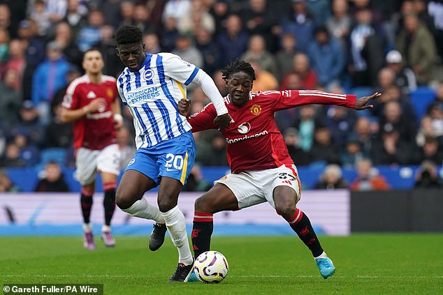 Kobbie Mainoo (right) was caught on the ball on several occasions during the game