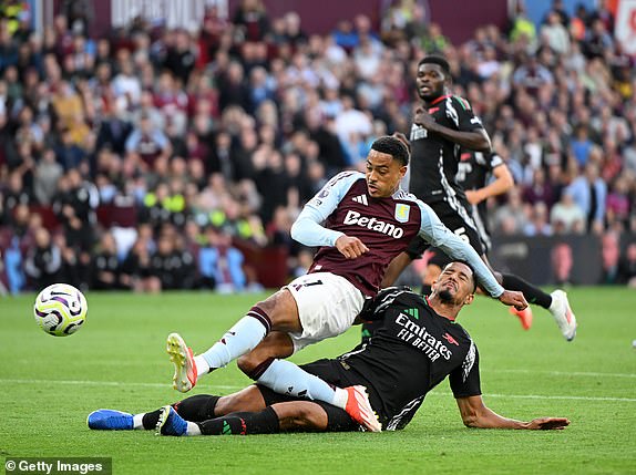 BIRMINGHAM, ENGLAND - AUGUST 24: Jacob Ramsey of Aston Villa is challenged by William Saliba of Arsenal during the Premier League match between Aston Villa FC and Arsenal FC at Villa Park on August 24, 2024 in Birmingham, England. (Photo by Clive Mason/Getty Images)