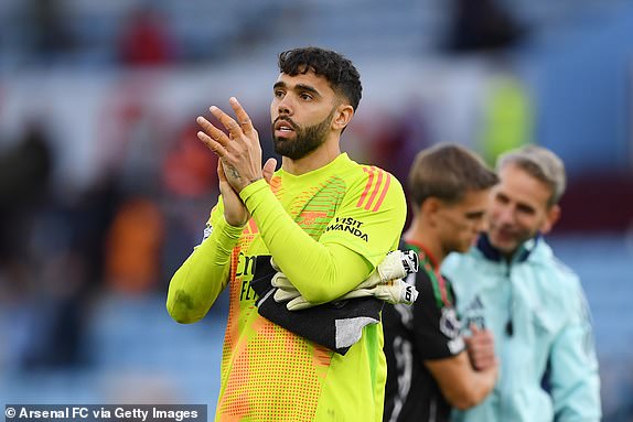 BIRMINGHAM, ENGLAND - AUGUST 24: David Raya of Arsenal acknowledges the fans after the teams victory over Aston Villa in the Premier League match between Aston Villa FC and Arsenal FC at Villa Park on August 24, 2024 in Birmingham, England. (Photo by Alex Burstow/Arsenal FC via Getty Images)