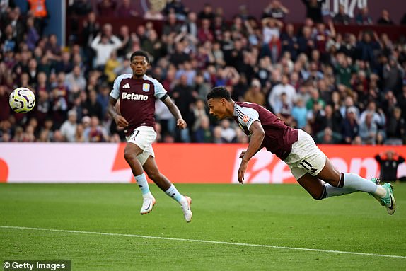 BIRMINGHAM, ENGLAND - AUGUST 24: Ollie Watkins of Aston Villa creates a headed chance which is saved by David Raya of Arsenal (not pictured) during the Premier League match between Aston Villa FC and Arsenal FC at Villa Park on August 24, 2024 in Birmingham, England. (Photo by Clive Mason/Getty Images)