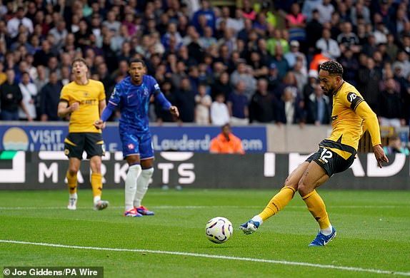 Wolverhampton Wanderers' Matheus Cunha (right) scores, only to see the goal ruled out during the Premier League match at Molineux Stadium, Wolverhampton. Picture date: Sunday August 25, 2024. PA Photo. See PA story SOCCER Wolves. Photo credit should read: Joe Giddens/PA Wire.RESTRICTIONS: EDITORIAL USE ONLY No use with unauthorised audio, video, data, fixture lists, club/league logos or "live" services. Online in-match use limited to 120 images, no video emulation. No use in betting, games or single club/league/player publications.