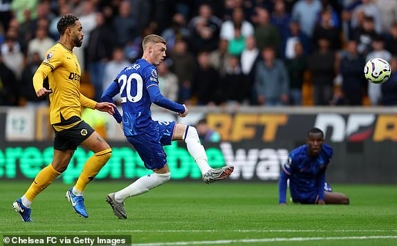 WOLVERHAMPTON, ENGLAND - AUGUST 25: Cole Palmer of Chelsea scores his team's second goal during the Premier League match between Wolverhampton Wanderers FC and Chelsea FC at Molineux on August 25, 2024 in Wolverhampton, England. (Photo by Chris Lee - Chelsea FC/Chelsea FC via Getty Images)