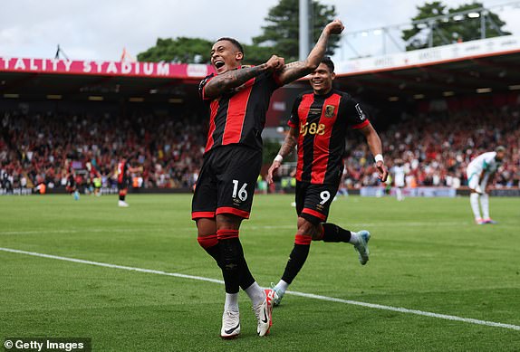 BOURNEMOUTH, ENGLAND - AUGUST 25: Marcus Tavernier of AFC Bournemouth celebrates scoring his team's first goal during the Premier League match between AFC Bournemouth and Newcastle United FC at Vitality Stadium on August 25, 2024 in Bournemouth, England. (Photo by Eddie Keogh/Getty Images)