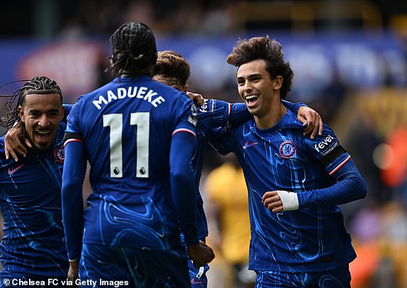 WOLVERHAMPTON, ENGLAND - AUGUST 25: Joao Felix of Chelsea celebrates scoring his team's sixth goal with teammates during the Premier League match between Wolverhampton Wanderers FC and Chelsea FC at Molineux on August 25, 2024 in Wolverhampton, England. (Photo by Darren Walsh/Chelsea FC via Getty Images)