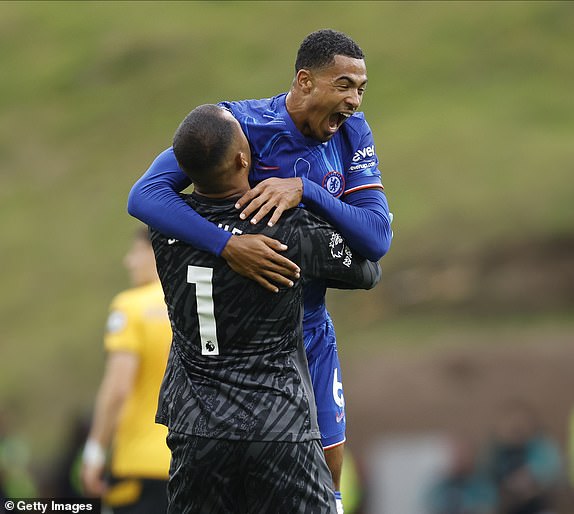 WOLVERHAMPTON, ENGLAND - AUGUST 25: Levi Colwill of Chelsea and Robert Sanchez, Goalkeeper of Chelsea celebrate their 2nd goal during the Premier League match between Wolverhampton Wanderers FC and Chelsea FC at Molineux on August 25, 2024 in Wolverhampton, England. (Photo by Nigel French/Sportsphoto/Allstar via Getty Images)