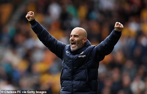 WOLVERHAMPTON, ENGLAND - AUGUST 25: Enzo Maresca, Manager of Chelsea, celebrates after Joao Felix of Chelsea (not pictured) scores his team's sixth goal during the Premier League match between Wolverhampton Wanderers FC and Chelsea FC at Molineux on August 25, 2024 in Wolverhampton, England. (Photo by Chris Lee - Chelsea FC/Chelsea FC via Getty Images)