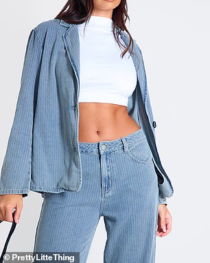 PrettyLittleThing Washed Blue Pinstripe Lightweight Denim Co-Ord