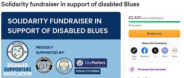 Nearly £2,500 has been raised by supporters to help disabled fans to recoup charges