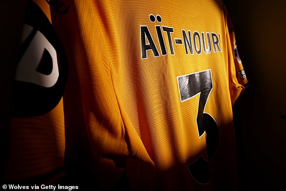 WOLVERHAMPTON, ENGLAND - SEPTEMBER 15: The shirt of Rayan Ait-Nouri is displayed inside the Wolverhampton Wanderers dressing room prior to the Premier League match between Wolverhampton Wanderers FC and Newcastle United FC at Molineux on September 15, 2024 in Wolverhampton, England. (Photo by Jack Thomas - WWFC/Wolves via Getty Images)