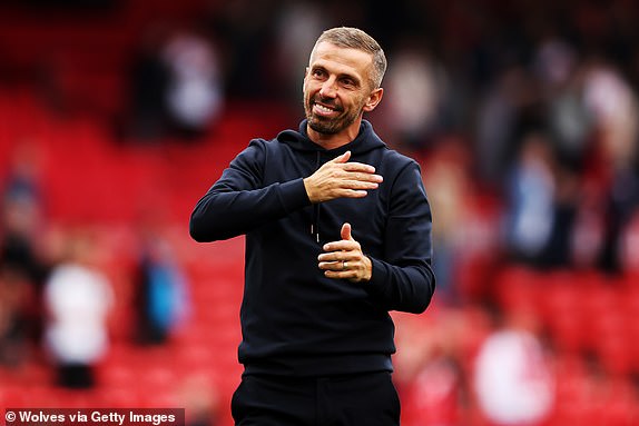 NOTTINGHAM, ENGLAND - AUGUST 31: Gary O'Neil, head coach of Wolverhampton Wanderers shows appreciation to the fans following a draw in the Premier League match between Nottingham Forest FC and Wolverhampton Wanderers FC at City Ground on August 31, 2024 in Nottingham, England. (Photo by Jack Thomas - WWFC/Wolves via Getty Images)