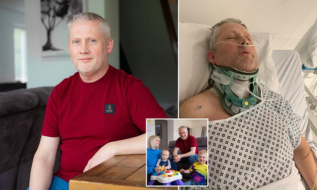 Father-of-two left '2mm from paralysis' after his neck 'snapped' when he ignored months of