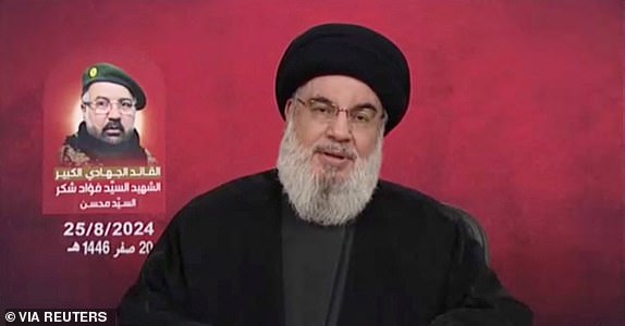 Hezbollah leader Sayyed Hassan Nasrallah gives a televised address, in this screengrab taken from a handout video obtained on August 25, 2024. Al-Manar TV/Handout via REUTERS THIS IMAGE HAS BEEN SUPPLIED BY A THIRD PARTY. NO RESALES. NO ARCHIVES.