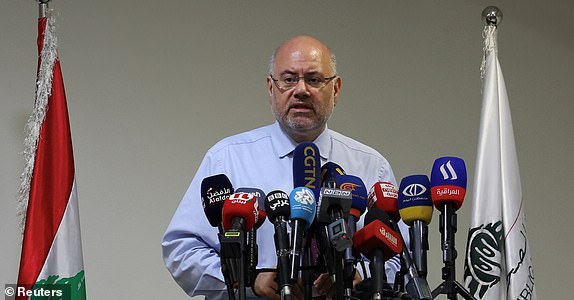 Lebanese caretaker Health Minister Firass Abiad speaks during a press conference as more than 1,000 people, including Hezbollah fighters and medics, were wounded on Tuesday when the pagers they use to communicate exploded across Lebanon, according to a security source, in Beirut, Lebanon September 17, 2024. REUTERS/Emilie Madi