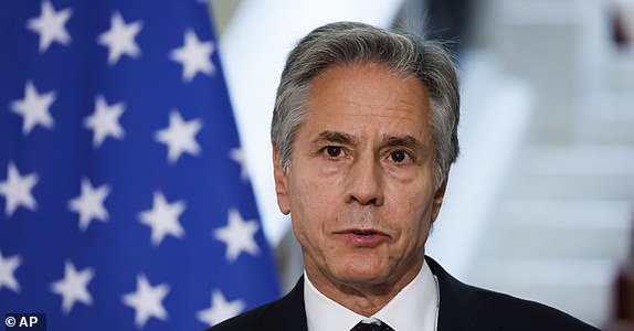 U.S. Secretary of State Antony Blinken attends a joint press conference with Egypt's Foreign Minister Badr Abdelatty, not pictured, in Tahrir Palace in Cairo, Egypt Wednesday, Sept. 18, 2024. (Evelyn Hockstein/Pool Photo via AP)