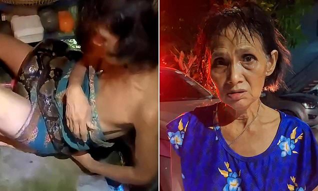 Astonishing moment woman is found being crushed by a 13ft PYTHON which bit her thigh and