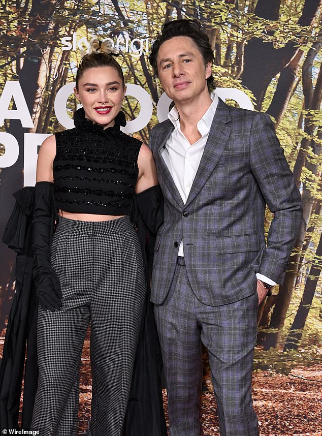 Prior to Finn, Florence was in a relationship with former Scrubs star Zach Braff, 49, from 2019 until their split in 2022 (pictured in 2023 for the premiere of A Good Person, which Zach wrote and directed and Florence starred in)