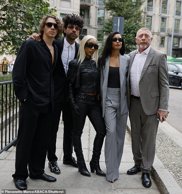 Boris and his new wife Lilian were joined by his sons Noah (centre-left) and Elias (left) for the Boss show at Milan Fashion Week on Wednesday