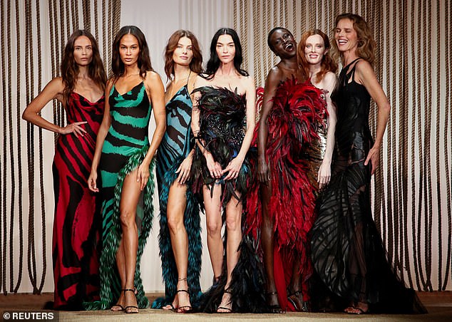 The models were all smiles as they posed together at the end of the show showcasing the styling range; pictured L-R Natasha Poly, Joan Smalls, Isabeli Fontana, Mariacarla Boscono, Alek Wek, Karen Elson and Eva Herzigova