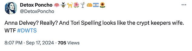 Another troll wrote, 'Tori Spelling desperately needs to eat...A LOT!!' while one added, 'Anna Delvey? Really? And Tori Spelling looks like the crypt keepers wife. WTF #DWTS'