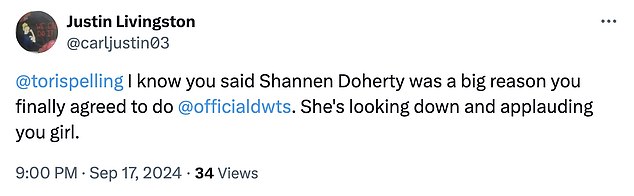 Others came to Tori's defense, with one penning, '@tori spelling I know you said Shannen Doherty was a big reason you finally agreed to do @officialdwts. She's looking down and applauding you girl'