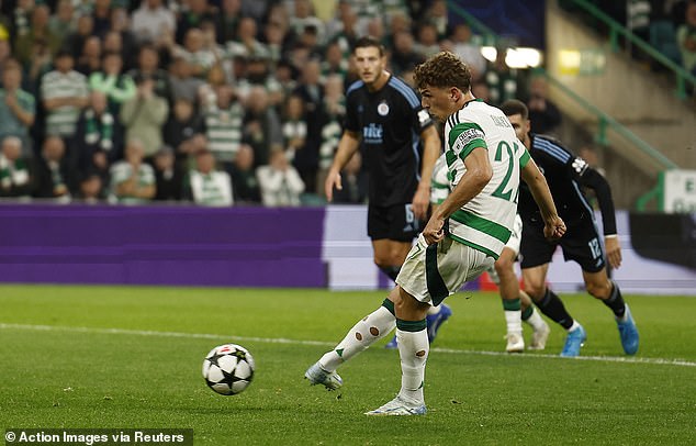 Engels scores from the penalty spot in the 5-1 Champions League win over Bratislava