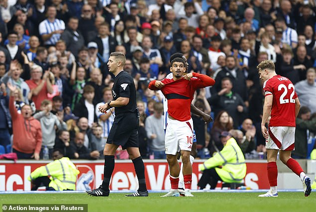 The Forest star was given a second yellow card in the 83rd minute by referee Rob Jones