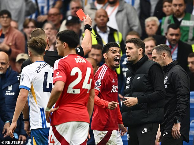 Brighton boss Fabian Hurzeler was also given a red card, much to the German's surprise