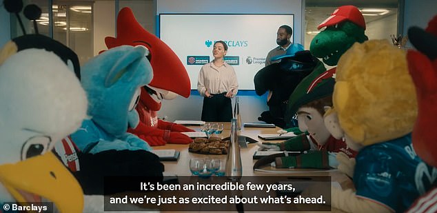 The mascots, including Crystal Palace's Alice the Eagle, Liverpool's Mighty Red the Liver Bird and Manchester United's Fred the Red are seen struggling to navigate office life