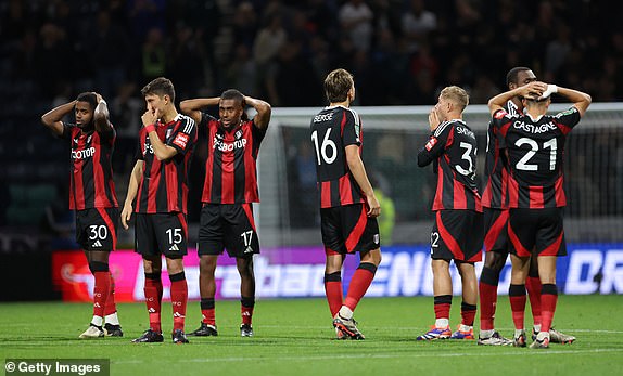 PRESTON, ENGLAND - SEPTEMBER 17: Players of Fulham react during the penalty shoot-out during the Carabao Cup Third Round match between Preston North End and Fulham at Deepdale on September 17, 2024 in Preston, England. (Photo by Alex Livesey/Getty Images)