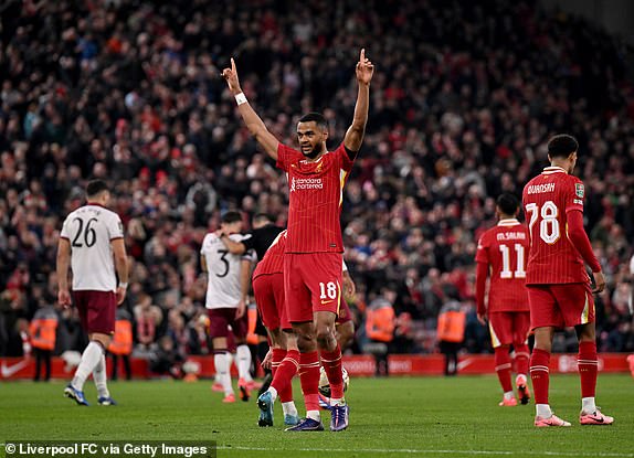 LIVERPOOL, ENGLAND - SEPTEMBER 25: (THE SUN OUT, THE SUN ON SUNDAY OUT) Cody Gakpo of Liverpool celebrating after scoring the fifth goal making the score 5-1 during the Carabao Cup Third Round match between Liverpool and West Ham United at Anfield on September 25, 2024 in Liverpool, England. (Photo by Andrew Powell/Liverpool FC via Getty Images)