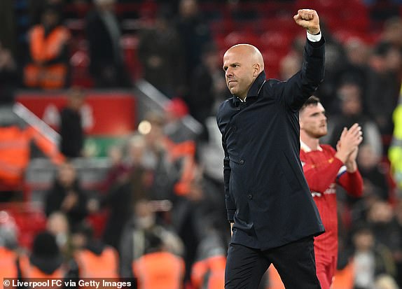 LIVERPOOL, ENGLAND - SEPTEMBER 25: (THE SUN OUT, THE SUN ON SUNDAY OUT)  Arne Slot Head Coach of Liverpool showing his appreciation to the fans at the end of the Carabao Cup Third Round match between Liverpool and West Ham United at Anfield on September 25, 2024 in Liverpool, England. (Photo by John Powell/Liverpool FC via Getty Images)