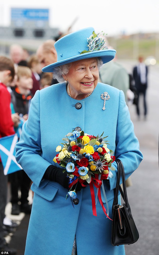 The late Queen Elizabeth II wears the Diamond Thistle Brooch in Scotland in September 2017