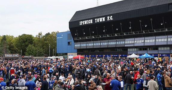 IPSWICH, ENGLAND - SEPTEMBER 29: General view outside the stadium, as fans begin to gather prior to the Premier League match between Ipswich Town FC and Aston Villa FC at Portman Road on September 29, 2024 in Ipswich, England. (Photo by Julian Finney/Getty Images)