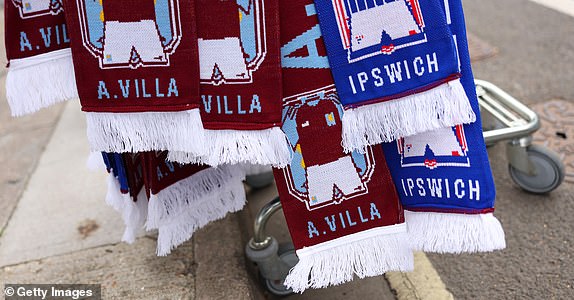 IPSWICH, ENGLAND - SEPTEMBER 29: Merchandise is seen for sale outside the stadium prior to the Premier League match between Ipswich Town FC and Aston Villa FC at Portman Road on September 29, 2024 in Ipswich, England. (Photo by Julian Finney/Getty Images)