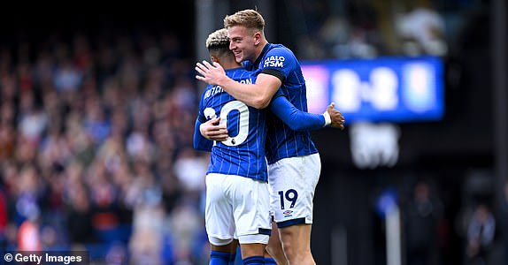 IPSWICH, ENGLAND - SEPTEMBER 29: Liam Delap of Ipswich Town celebrates scoring his team's second goal with teammate Omari Hutchinson of Ipswich Town during the Premier League match between Ipswich Town FC and Aston Villa FC at Portman Road on September 29, 2024 in Ipswich, England. (Photo by Justin Setterfield/Getty Images)