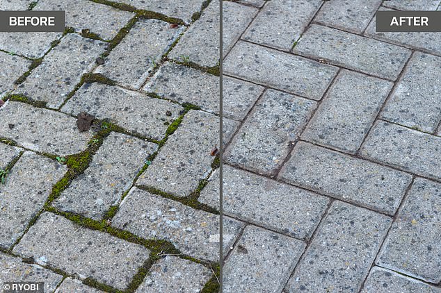 Before and after: Users love how the patio cleaner is a quick way their patios, block paving, and driveways are 'weed free' thanks to the Ryobi Cordless Patio Cleaner