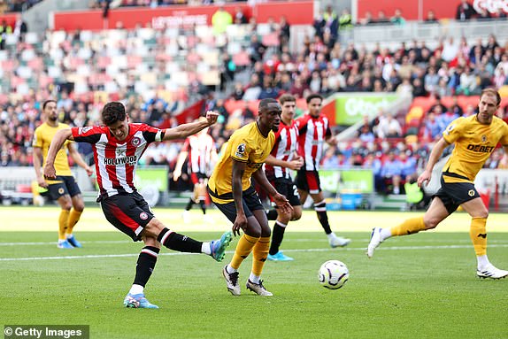 BRENTFORD, ENGLAND - OCTOBER 05: Christian Norgaard of Brentford scores his team's third goal during the Premier League match between Brentford FC and Wolverhampton Wanderers FC at Gtech Community Stadium on October 05, 2024 in Brentford, England. (Photo by Ryan Pierse/Getty Images)