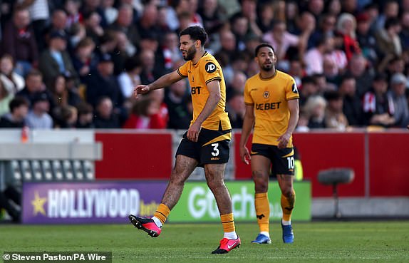 Wolverhampton Wanderers' Rayan Ait-Nouri celebrates scoring their side's third goal of the game during the Premier League match at the Gtech Community Stadium, London. Picture date: Saturday October 5, 2024. PA Photo. See PA story SOCCER Brentford. Photo credit should read: Steven Paston/PA Wire.RESTRICTIONS: EDITORIAL USE ONLY No use with unauthorised audio, video, data, fixture lists, club/league logos or "live" services. Online in-match use limited to 120 images, no video emulation. No use in betting, games or single club/league/player publications.