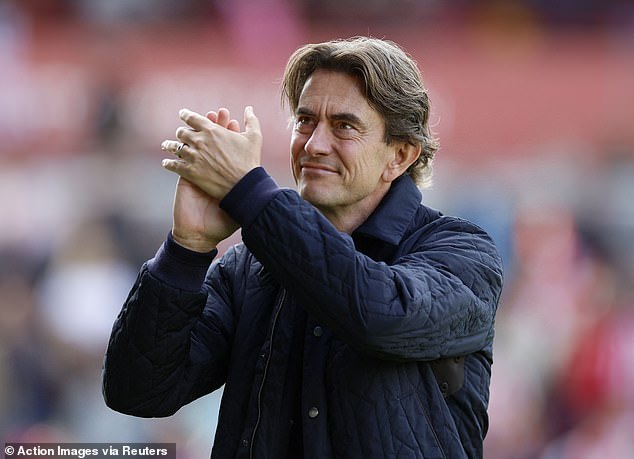 Brentford boss Thomas Frank applauds the home side's supporters after their victory