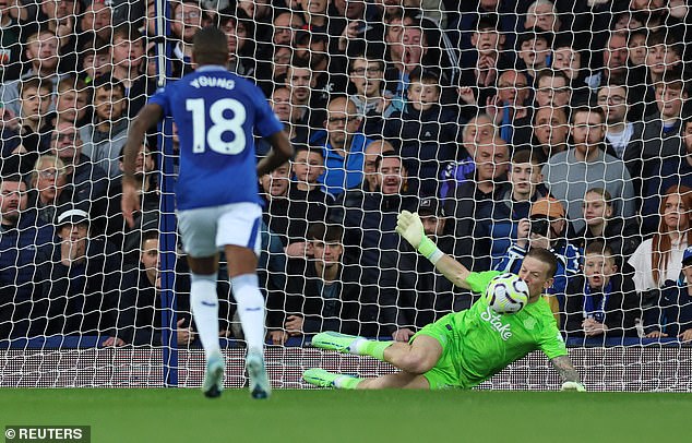 Jordan Pickford dived low to his left to deny his England team-mate at Goodison Park