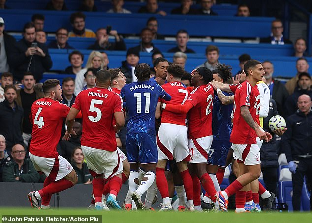 A melee broke out in the closing stages of Premier League clash at Stamford Bridge