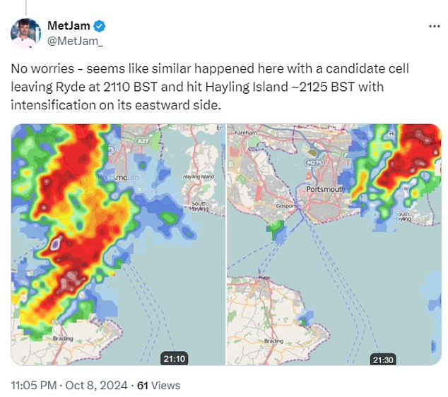 A possible tornado was reported in Hayling Island, near Portsmouth, last night