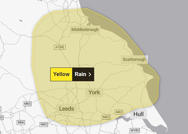 A rain warning has been issued for the North East England, which is in place until 3pm today