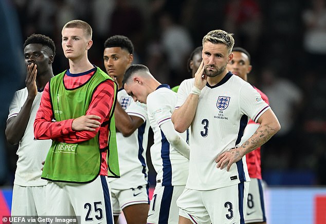 England's players pictured looking dejected after their loss to Spain in the final of Euro 2024