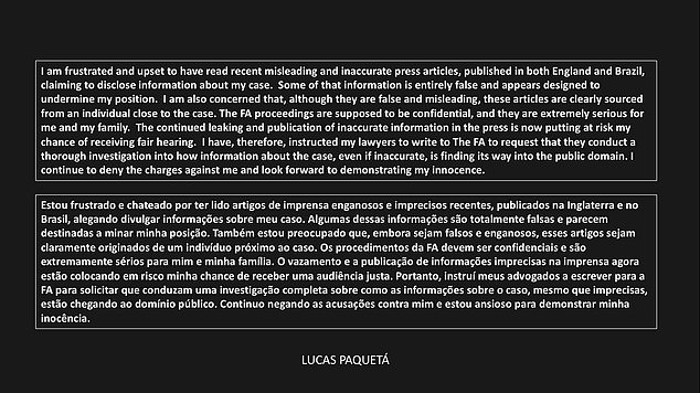 Paqueta took to X to post a statement where he once again denies the charges against him