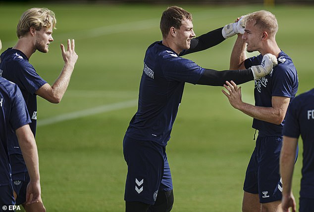 Mads Hermansen, centre, revealed Hojlund knocked out his tooth challenging for a corner